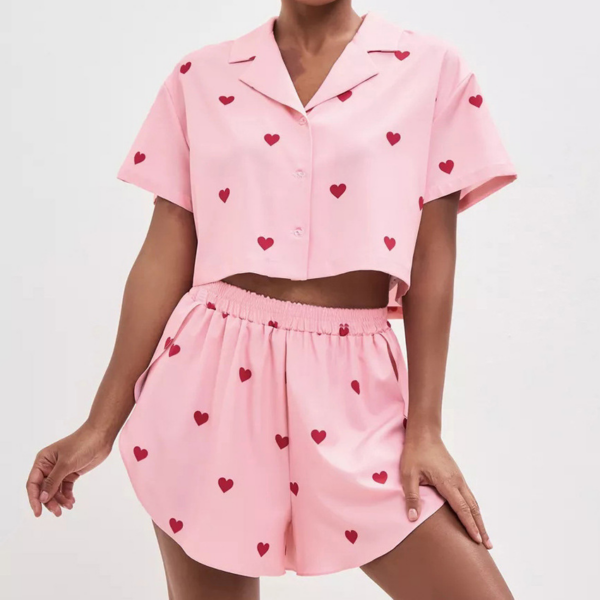 Heart Print Crop Shirt and Shorts Set