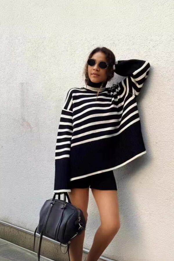 Striped Turtleneck Slit Sweater - Image 2