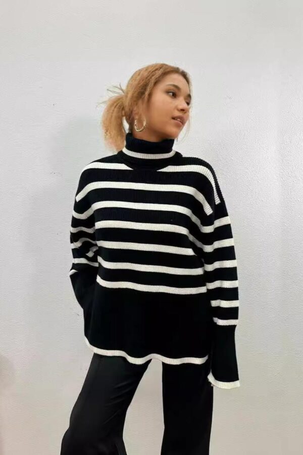 Striped Turtleneck Slit Sweater - Image 3