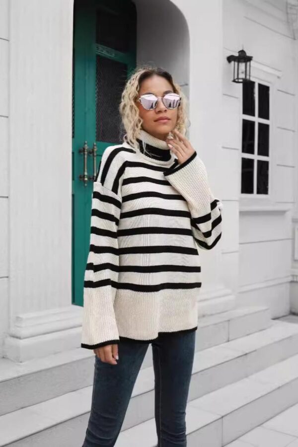 Striped Turtleneck Slit Sweater - Image 4