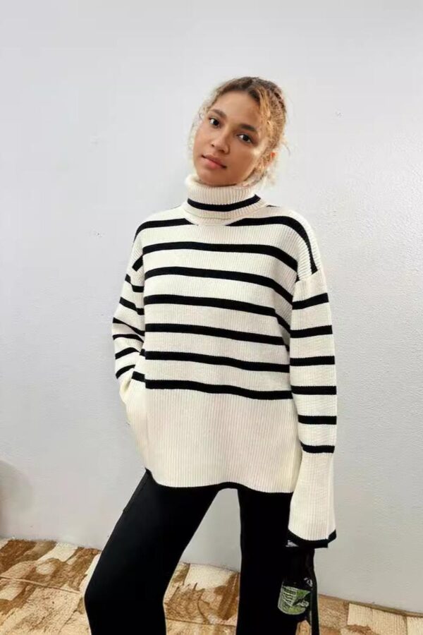 Striped Turtleneck Slit Sweater - Image 5