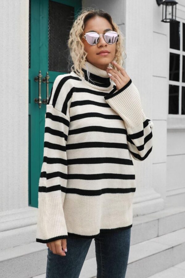 Striped Turtleneck Slit Sweater - Image 7