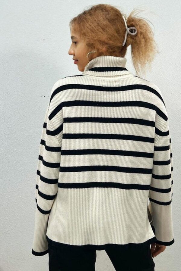 Striped Turtleneck Slit Sweater - Image 9