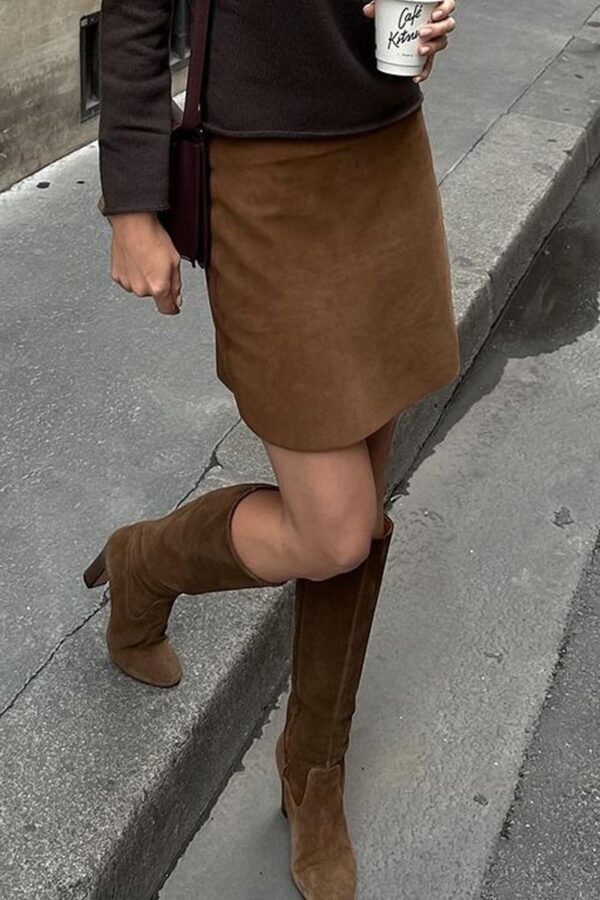 Suede Brown High-Rise Skirt - Image 17