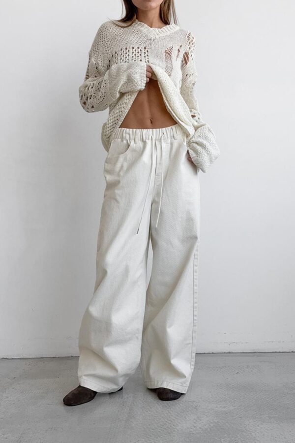 White Cotton Wide-Legged Pants - Image 11